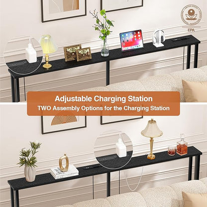90" Narrow Sofa Table - 2 Power Outlets & 4 USB Ports, Metal Frame,Perfect for Hallway, Office, and Behind Sofa - Easy Assembly, 4.9ft Extension Cord Included Black