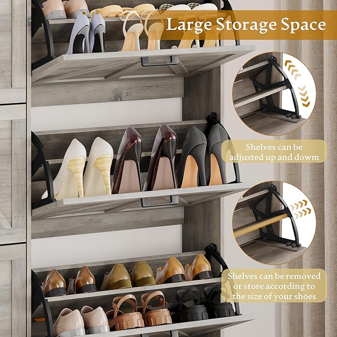 Shoe Cabinet Storage for Entryway, Shoe Storage Cabinet with 6 Flip Drawers, Freestanding Narrow Shoe Rack Organizer with Metal Legs, Adjustable Shelves & Open Storage for Foyer, Hallway, Grey