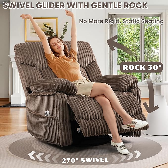 Power Swivel Rocker Recliner Chair with Massage and Heat for Adults, Electric Infinite Position Recliner with USB Charging Port, Corduroy and PU Leather Mixed Fabric, Easy Assembly (Brown)