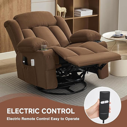 Power Swivel Rocker Recliner Chair with Heat and Massage, USB and Type-C Charging Port, Electric Glider Rocking Chairs, Oversized Recliner Chairs for Adults(Fabric, Brown)