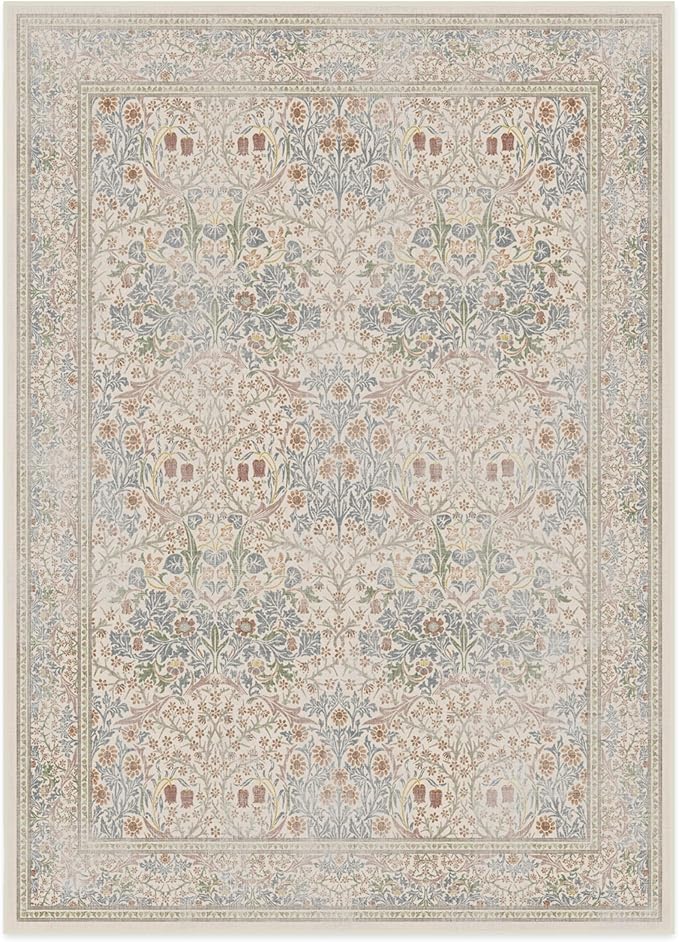 RUGGABLE x Morris & Co Washable Area Rug – Blackthorn Ivory Blue 5x7, Stain-Resistant, Non-Slip – Medium Machine Washable Rugs for Living Room, Bedroom, Hallway, Entryway & Office–with Cushioned Pad