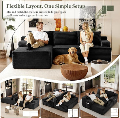 96''Sectional Couches for Living Room,Modern Modular Sectional Sofa,Upholstered Boneless Couch with Pockets,Comfy Cloud Couch with L Shaped Chaise (Black, 96''W Left Facing Chaise)