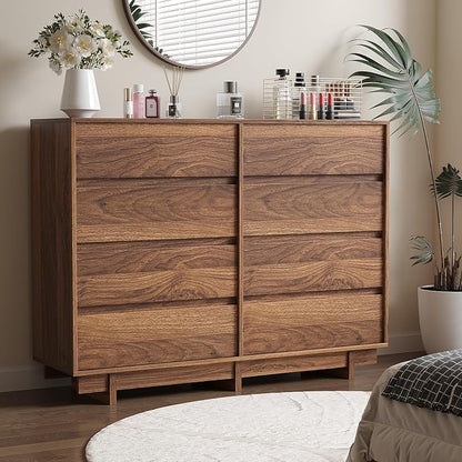 Walnut Dresser for Bedroom, 53.1" Wide 8 Drawer Dresser, Mid Century Modern Dressers Chest of Drawers, Wooden Large Dressers for Bedroom, Closet