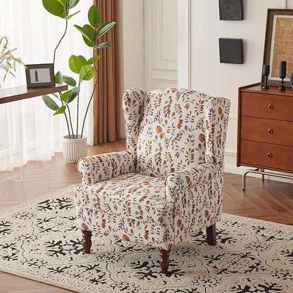 MELLCOM Floral Accent Chair, High Back Upholstered Armchair with Solid Legs, Leisure Single Sofa Chair for Living Room, Bedroom, Home Office, Orange Leaves