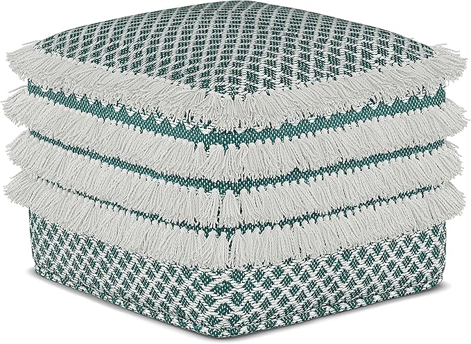 SIMPLIHOME Leah Boho Square Woven Outdoor/ Indoor Pouf in Turquoise and White Recycled PET Polyester for the Living Room, Bedroom and Kids Room