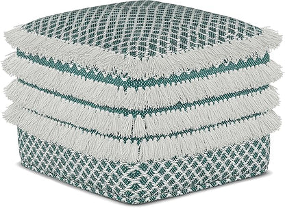 SIMPLIHOME Leah Boho Square Woven Outdoor/ Indoor Pouf in Turquoise and White Recycled PET Polyester for the Living Room, Bedroom and Kids Room