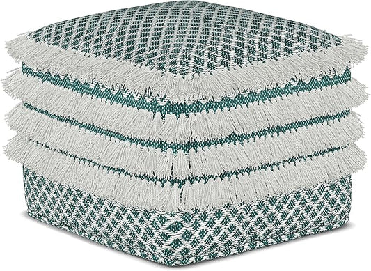 SIMPLIHOME Leah Boho Square Woven Outdoor/ Indoor Pouf in Turquoise and White Recycled PET Polyester for the Living Room, Bedroom and Kids Room