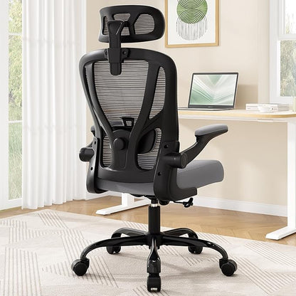 Office Chair Ergonomic Desk Chair - Mesh High Back Office Chair with Headrests Wheels Lumbar Support Home Desk Office Chairs Flip up Armrest Executive Rolling Swivel Task Computer Chair Gray