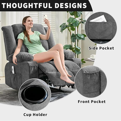 Large Recliner Chair, Manual Reclining Sofa with Massage and Heat, Comfy Sofa Chair with 3 Positions, 2 Side Pockets, 2 Front Pockets and 2 Cup Holder