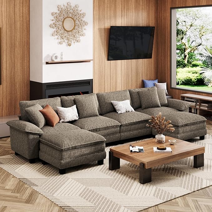157-Inch U Shaped Sectional Sofa with Cloud Cushions, Deep Seat Modular Couch Set w/ 6 Seats & 2 Ottomans, Removable Arms, Plush Chenille Upholstery for Living Room, Apartment - Smoky Gray