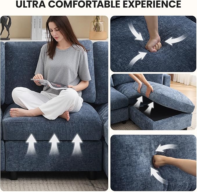 3-Seater Modular Sectional Cloud Sofa with Ottoman, L-Shaped Couch for Living Room, Modern Convertible Deep Seats Sofa, Chenille Blue