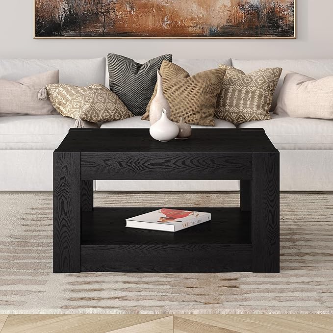 Henn&Hart 32" Wide Square Coffee Table in Natural Black, for Home, Living Room, Bedroom, Entertainment Room, Office