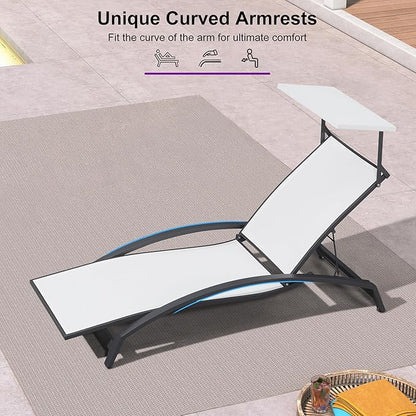 PURPLE LEAF Patio Lounge Chair with Canopy Shade Outdoor Chaise Lounge Chair Set of 2 for Lawn Poolside Backyard Sunbathing Tanning Chairs with Arm White