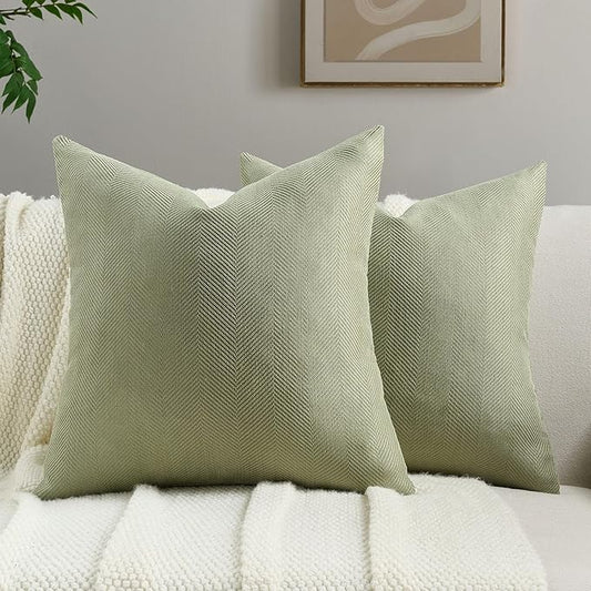 FUTEI Sage Green Chenille Throw Pillow Covers 18x18 Inch Set of 2,Soft Wide Chevron Textured Cushion Case,Farmhouse Home Decor for Couch Bed Living Room
