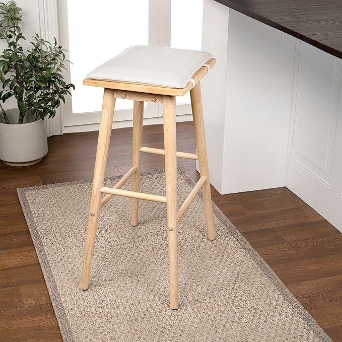 JONATHAN Y BSL2002B Peroni 30.5" MidCentury Classic Saddle-Seat Solid Wood/Vegan Leather Backless Bar Stool with Removeable Cushion for Pool, Deck, Poolside, Brown/Light Teak (Set of 2)