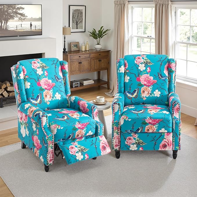 Pushback Recliner Chair Set of 2, Floral Fabric Wingback Recliner Chair, Upholstered Armchair Push Back Recliner, Rivet Trim Single Sofa Accent Chair with Wood Legs for Living Room, Peacock Blue