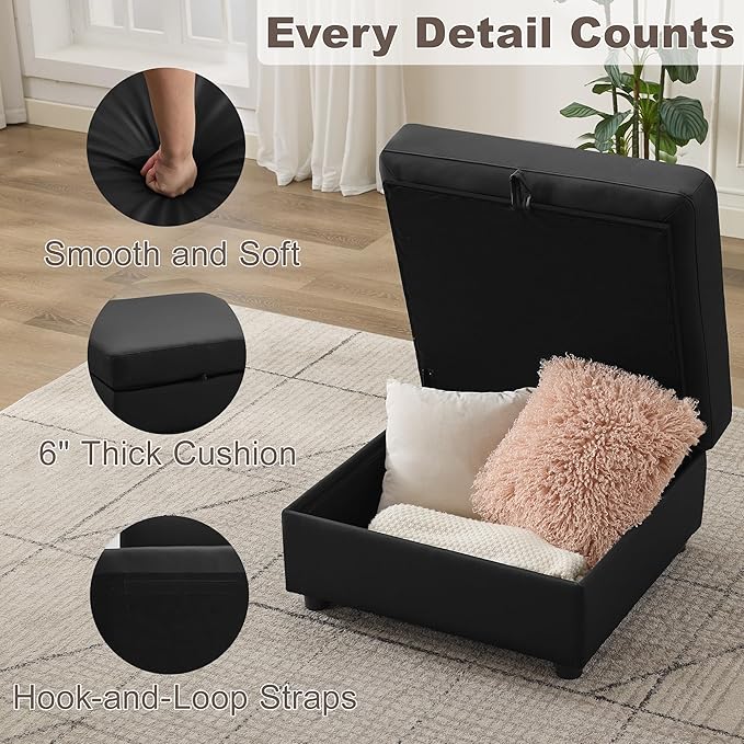 Ottoman with Storage, Faux Leather Square Storage Ottoman, Large Ottomans Foot Rest, Upholstered Foot Stools Ottomans for Modular Sectional Sofa, Coffee Table for Living Room, Black