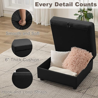 Ottoman with Storage, Faux Leather Square Storage Ottoman, Large Ottomans Foot Rest, Upholstered Foot Stools Ottomans for Modular Sectional Sofa, Coffee Table for Living Room, Black