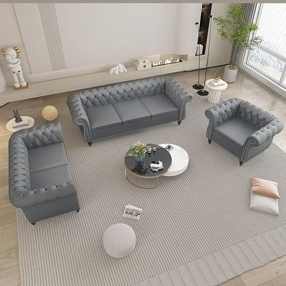 2 Piece Living Room Furniture Set, Faux Leather Loveseat and Chair Set, Mid Century Modern Upholstered Sofa Couch with Cushions, Vintage Comfy Tufted Chesterfield Couches for Bedroom, Office (Grey)