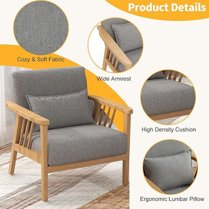 Mid-Century Modern Accent Chair, Linen Armchair and Lounge Chair with Lumbar Pillow, Wide Seat & Solid Wood Frame for Living Room, Bedroom or Balcony （Light Gray）