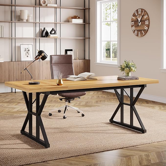 Tribesigns 70.86-Inch Large Executive Desk, Industrial Home Office Computer Desk, Simple Long Writing Study Table Business Furniture (Light Walnut/Black)