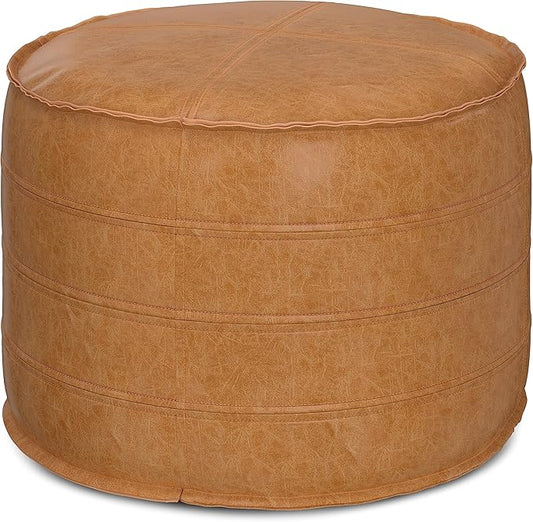 SIMPLIHOME Brody Boho Round Pouf in Distressed Brown Vegan Faux Leather for the Living Room, Bedroom and Kids Room