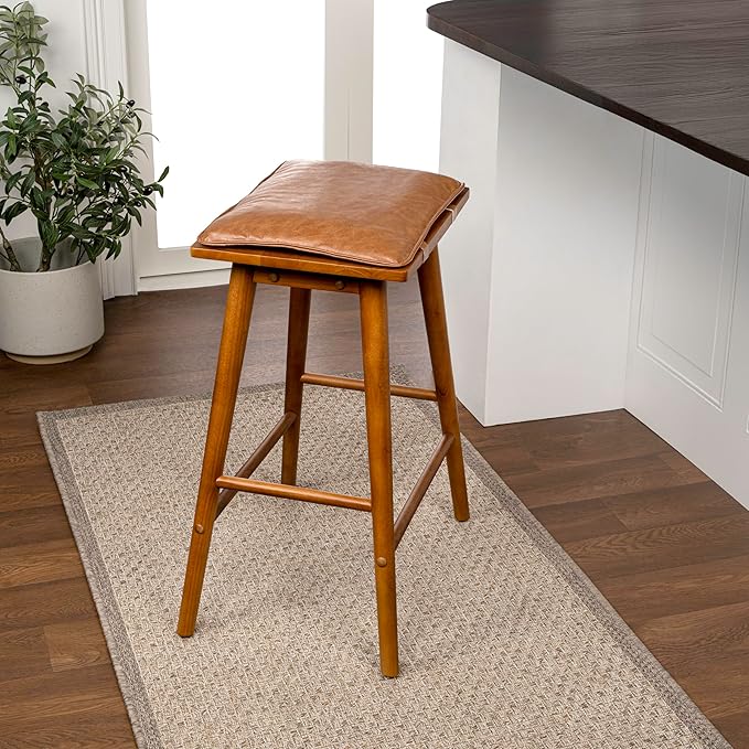 JONATHAN Y CSL2002A Peroni 26" MidCentury Classic Saddle-Seat Solid Wood/Vegan Leather Backless Counter Stool with Removeable Cushion for Pool, Deck, Poolside, Chestnut Brown