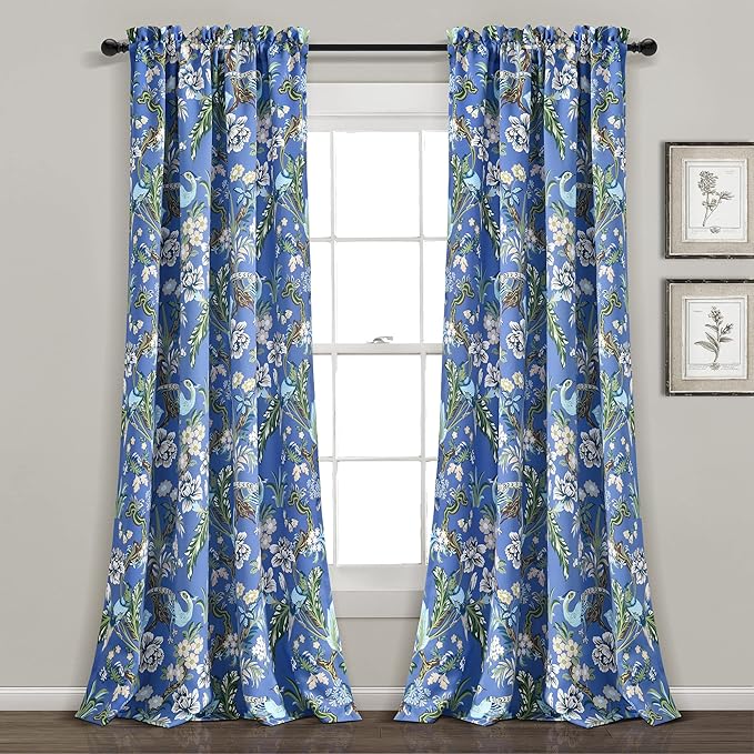 Lush Decor Dolores Light Filtering Window Panels, Pair, 52" W x 84" L, Blue & Green - Floral Curtains for Bedroom - Vintage Curtains - Coquette Room Decor