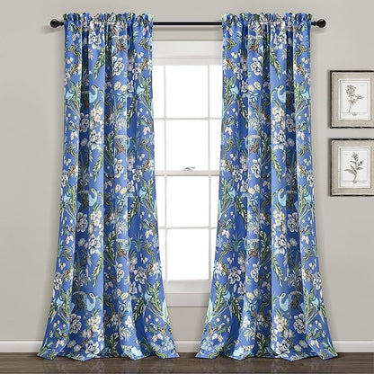 Lush Decor Dolores Light Filtering Window Panels, Pair, 52" W x 84" L, Blue & Green - Floral Curtains for Bedroom - Vintage Curtains - Coquette Room Decor