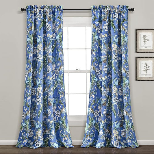 Lush Decor Dolores Light Filtering Window Panels, Pair, 52" W x 84" L, Blue & Green - Floral Curtains for Bedroom - Vintage Curtains - Coquette Room Decor