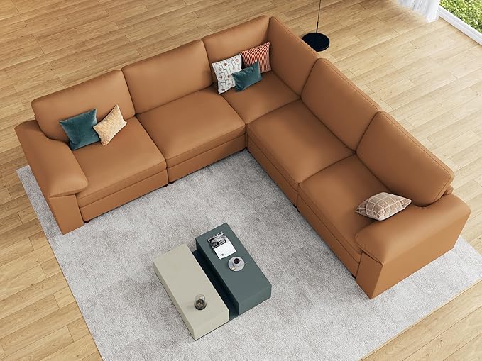 EASE MOOSE Oversized Corner Modular Sectional Sofa, Faux Leather Sectional Sofa with Deep Seat, Scratch Resistant Faux Leather Material, Extra Large L Shaped Couch, Brown