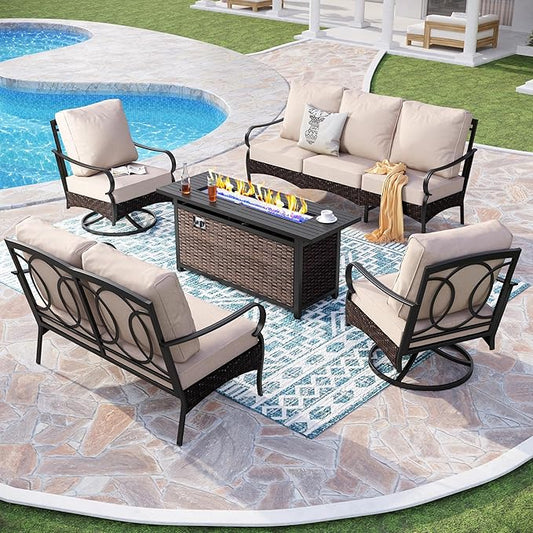 PHI VILLA Patio Furniture Set with 56" Fire Pit Table, Premium Outdoor Wicker Metal Frame Furniture with Upgraded Waterproof Thick Cushions for Porch, Poolside, Deck, and Yard（5 Pieces, Beige