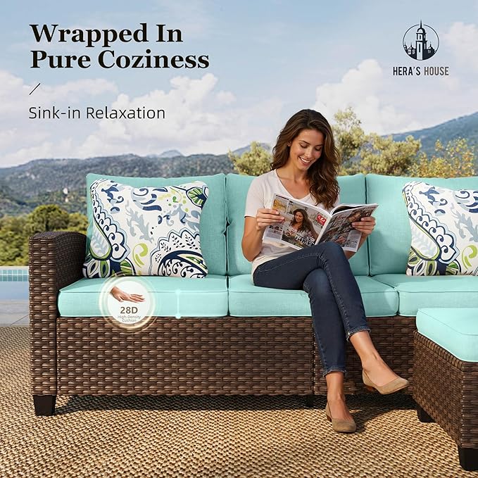 HERA'S HOUSE Wicker Patio Furniture Set, 5 Pieces Outdoor Furniture Set, Deep Seating Patio Conversation Sofa Sets for Lawn Deck Backyard, Blue