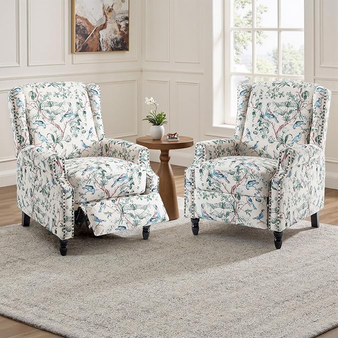 UIXE Pushback Floral Recliner Chairs Set of 2, Fabric Upholstered Armchair Push Back Accent Chair for Living Room, Rivet Trim Club Chair Home Theater Single Sofa Bedroom Side Reading Seat - Bird