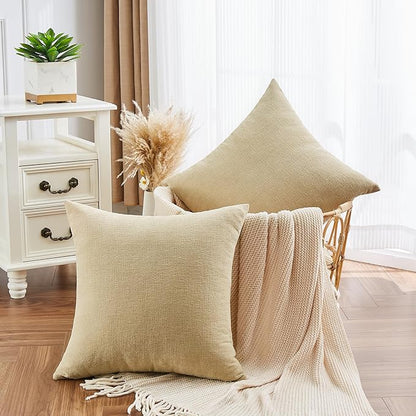 GAWAMAY Decorative Square Throw Pillow Covers 20x20 Inch Set of 2, Super Soft Chenille Pillows Farmhouse Fall Pillowcase for Living Room Bedroom Sofa Couch Cushion Cover Khaki 50x50cm (No Insert)