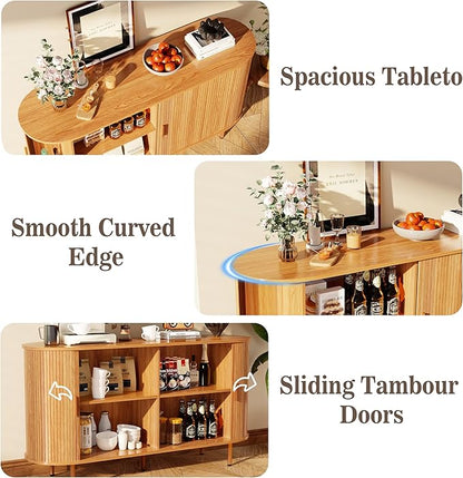 DHH Storage Cabinet, Fluted Sideboard Buffet Cabinet with Tambour Sliding Doors& Adjustable Shelf, Accent Coffee Bar Console Table for Kitchen, Living Room, Entryway (Yellow Walnut 55 Inch)
