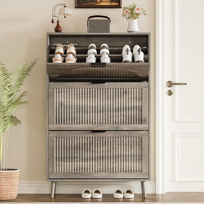 Shoe Cabinet for Entryway with 3 Flip Drawers, Slim Wooden Shoe Storage Organizer with Modern Fluted Pannel，Freestanding Narrow Hidden Shoe Rack for Hallway, Foyer, Living Room