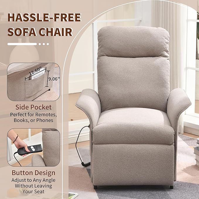 Power Recliner Chair, Adjustable Electric Recliner Chairs for Adults, Sleeper Sofa Bed with Remote Control & Side Pocket, Linen Upholstered Chair for Living Room/Bedroom, Easy Assembly,Brown