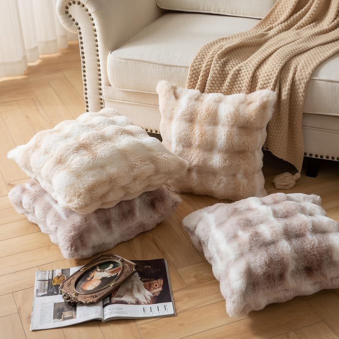 Pack of 2 Thick Plush Throw Pillow Covers Fluffy Wave Faux Fur Decorative Cushion Covers Soft Wool Pillowcase for Sofa Couch Livingroom 20x20 Inch White Beige