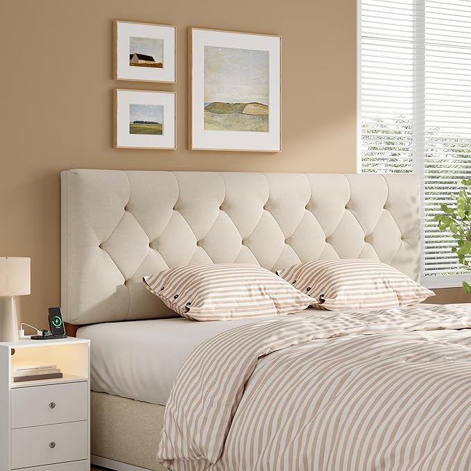 Upholstered Queen Headboard Only for Bed Frame from 49”-62”, Adjustable Height Queen Head Board with Durable Wood Legs, Bed Headboard in Modern Button Design, Beige