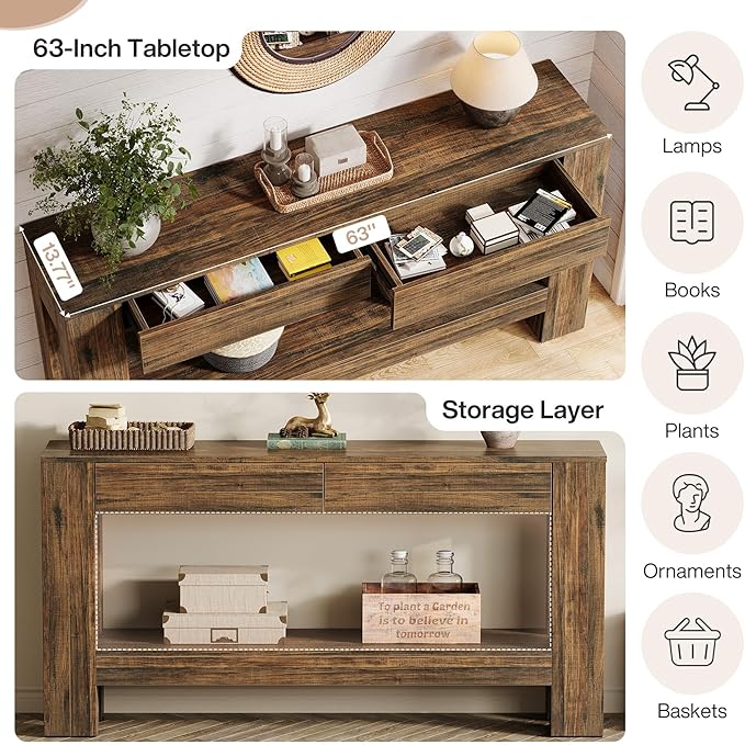 Tribesigns 63" Console Table with 2 Drawers, Farmhouse Entryway Table with Storage Shelf and Sturdy Legs, Wooden Sofa Table for Living Room, Hallway, Entrance (Dark Brown)