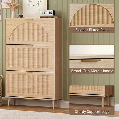Shoe Cabinet for Entryway with 3 Flip Drawers, Slim Wooden Shoe Storage Organizer with Modern Fluted Pannel，Freestanding Narrow Hidden Shoe Rack for Hallway, Foyer, Living Room