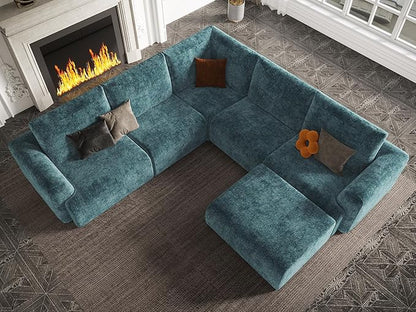 EASE MOOSE Boneless Modular Cloud Couch, Oversized U-Shaped Sectional Sofa for Living Room with Ottoman, Extra Large Movable Couches, 6-Deep-Seat Sofas for Bedroom, Apartment, Chenille (Blue)