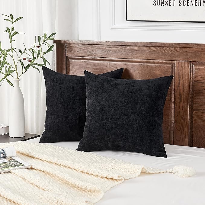 GAWAMAY Decorative Square Throw Pillow Covers 18"x18" Inch Set of 2, Super Soft Chenille Pillows Farmhouse Fall Pillowcase for Living Room Bedroom Sofa Couch Cushion Cover Black 45x45cm (No Insert)