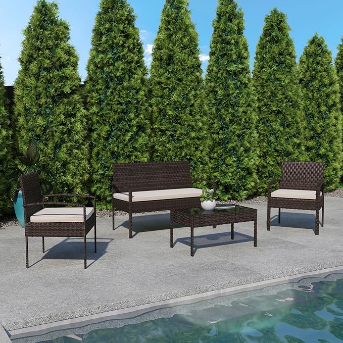 Flash Furniture Aransas Series 4 Piece Brown Patio Set with Steel Frame and Beige Cushions