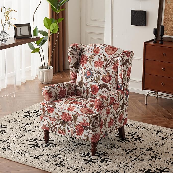 MELLCOM Floral Accent Chair, High Back Upholstered Armchair with Solid Legs, Leisure Single Sofa Chair for Living Room, Bedroom, Home Office, Red Floral