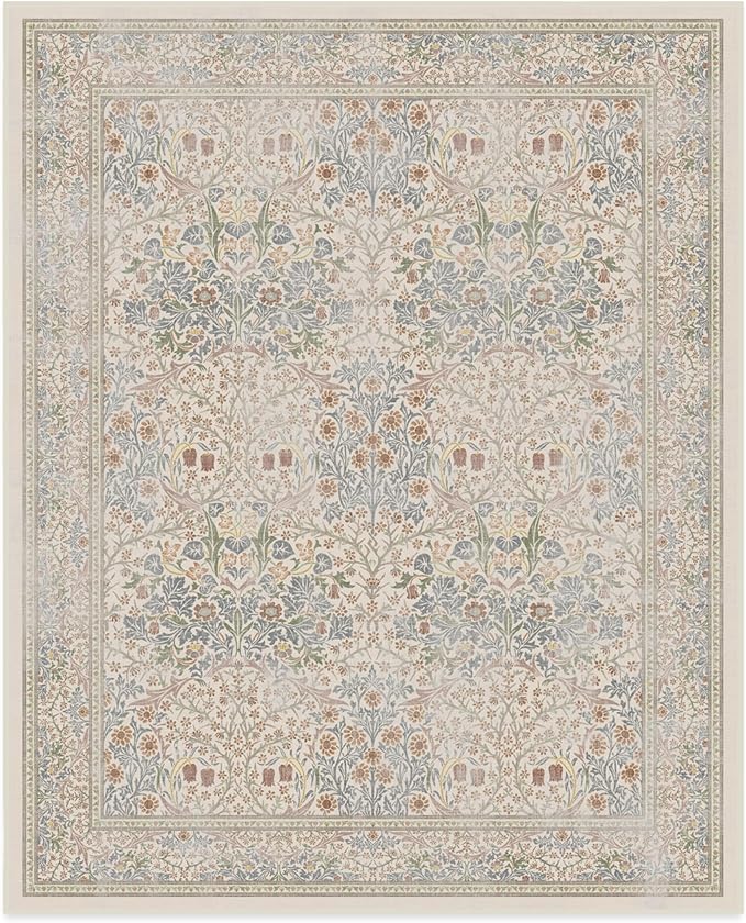 RUGGABLE x Morris & Co Washable Area Rug – Blackthorn Ivory Blue 8x10, Stain-Resistant, Non-Slip – Large Machine Washable Rugs for Living Room, Bedroom, Hallway, Entryway & Office–with Cushioned Pad