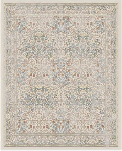 RUGGABLE x Morris & Co Washable Area Rug – Blackthorn Ivory Blue 8x10, Stain-Resistant, Non-Slip – Large Machine Washable Rugs for Living Room, Bedroom, Hallway, Entryway & Office–with Cushioned Pad