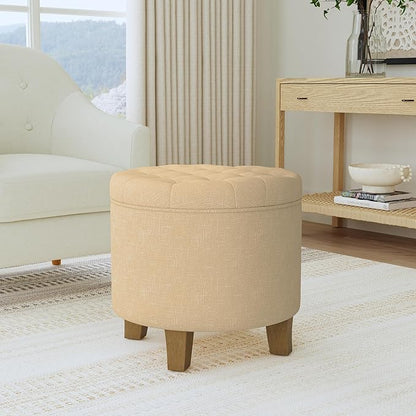 HomePop by Kinfine Fabric Upholstered Round Storage Ottoman - Button Tufted Ottoman with Removable Lid, Light Tan Textured Solid