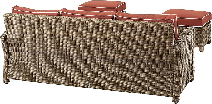 Crosley Furniture Bradenton 3-Piece Outdoor Sofa Patio Furniture Set, Wicker Conversation Sets for Porch, Brown with Sangria Cushions